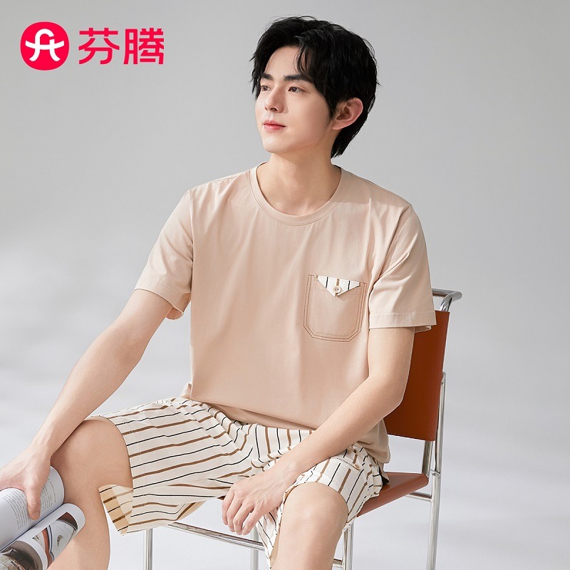 11915319.芬腾【时尚竖条纹】男士夏季薄款睡衣100%纯棉家居服青少年外穿