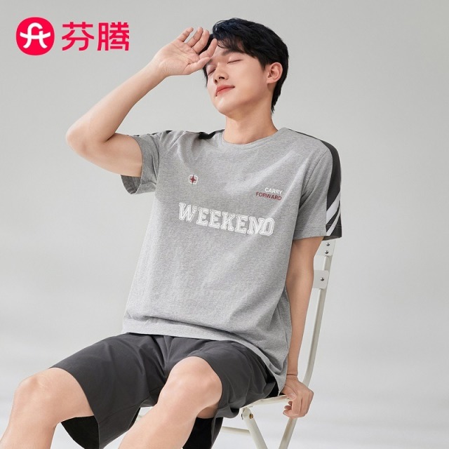 11915933.芬腾【100%纯棉运动风】圆领短裤睡衣男薄款透气家居服男套装外穿