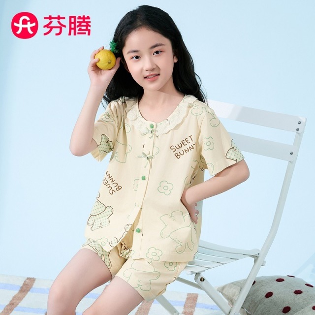 11934228.芬腾【100%纯棉】娃娃领薄款儿童睡衣可爱新款透气女童家居服套装