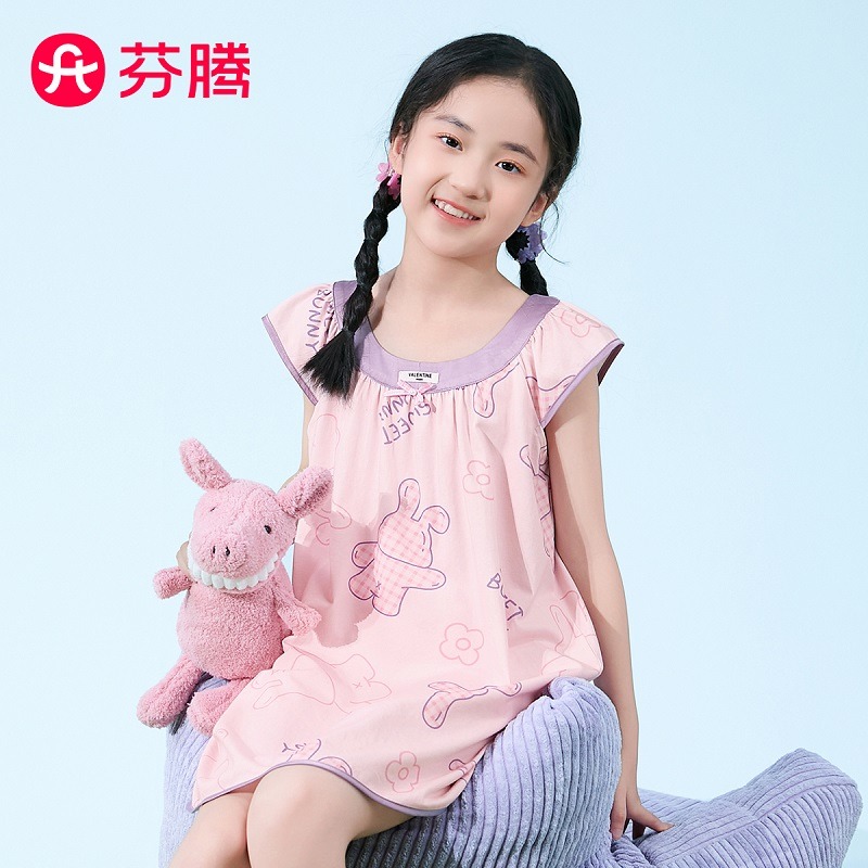 12194976.芬腾【100%纯棉】镶边圆领活力小兔透气可外穿儿童睡裙女童家居服