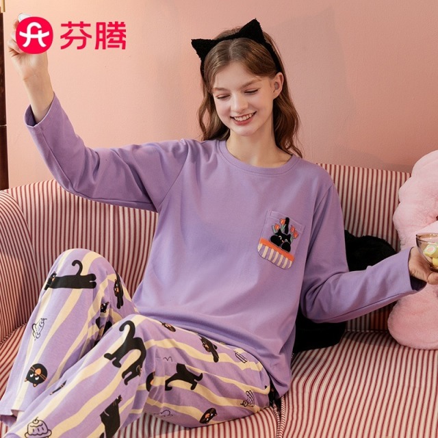 12236400.芬腾品牌专供【纯棉卡通印花】秋季圆领条纹长袖休闲家居服女睡衣女士套装