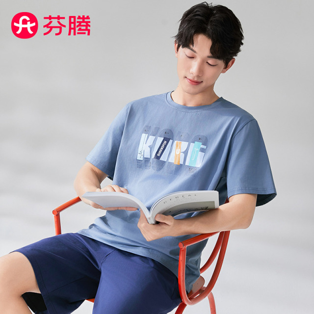 12357377.芬腾【100%纯棉】薄款圆领短袖睡衣男士休闲简约家居服透气套装