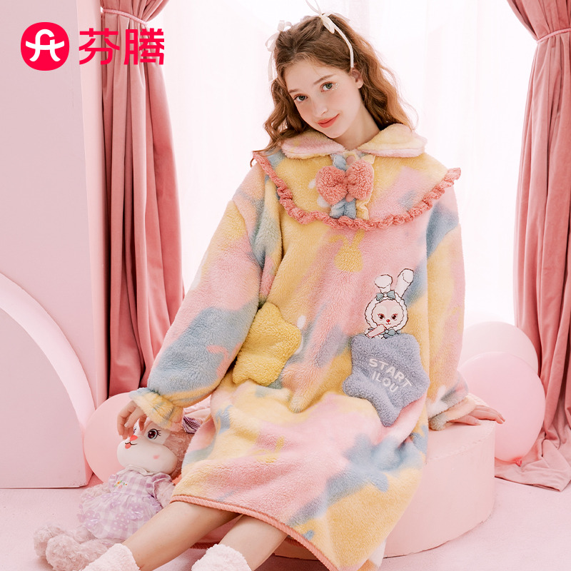 9956567.芬腾【粉黛兔IP】250g秋冬翻领长袖双面南芙泡睡裙家居服裙子