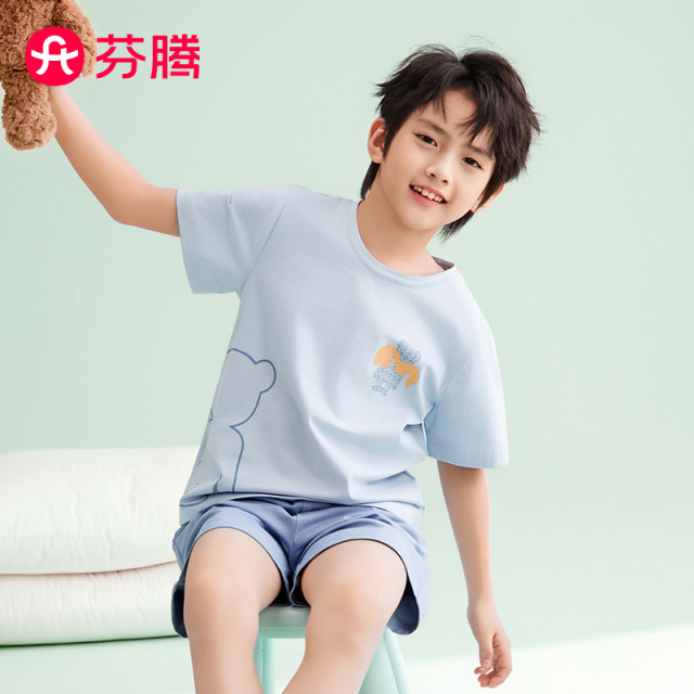 12459746.【直降40元 售完无补】芬腾【透气100%棉】夏季新品圆领短裤薄款儿童睡衣男童家居服套装