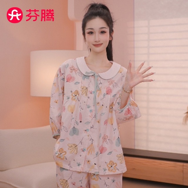 12459664.芬腾【文艺田园风】棉感梭织七分袖宽松法式少女士家居服睡衣套装薄款