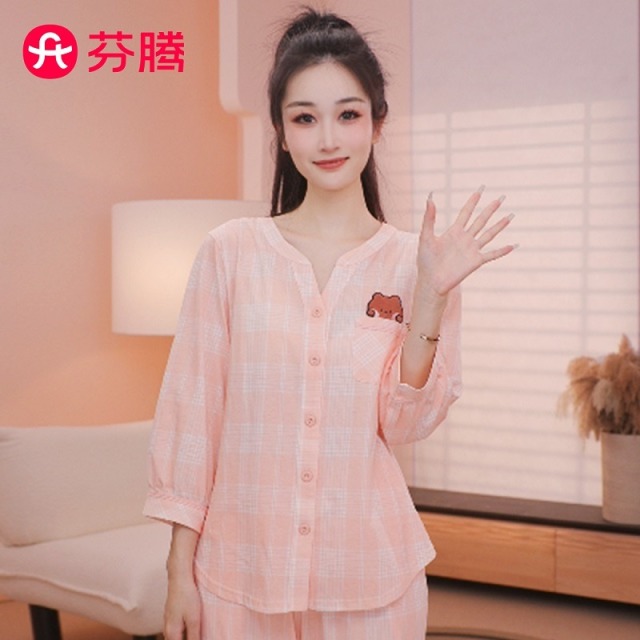 12459696.芬腾【100%棉 布朗熊联名】宽松V领五分袖透气家居服套装女睡衣