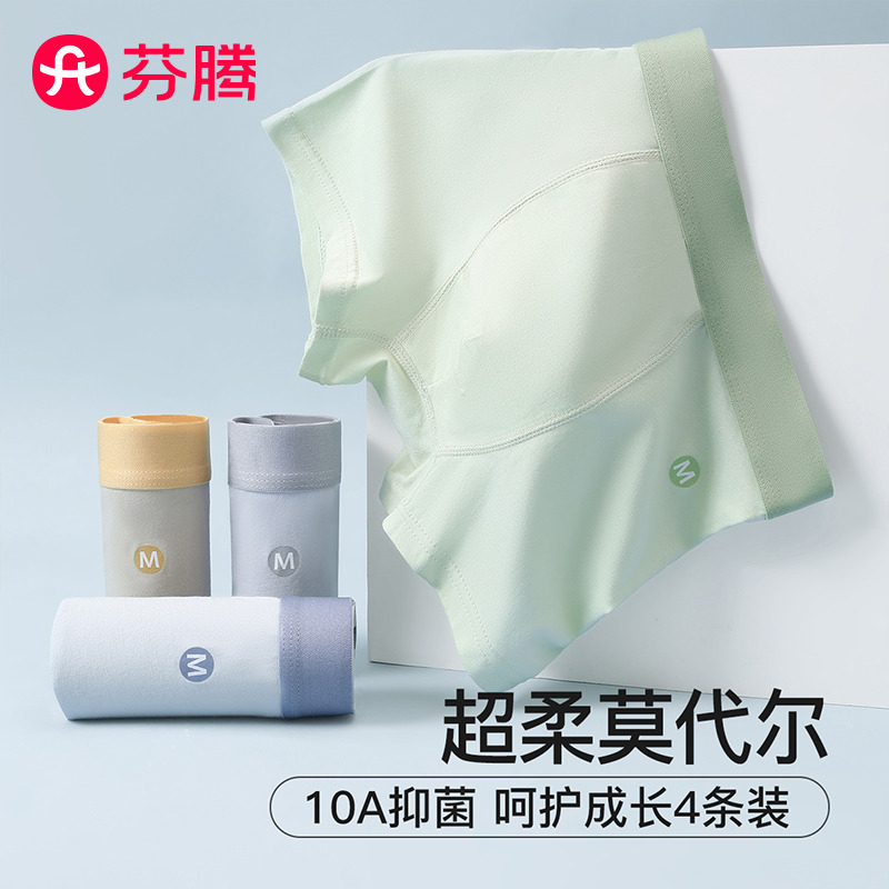 12882074.芬腾品牌专供【莫代尔】4条装100%纯棉裆中大童四角短裤平角儿童内裤男童