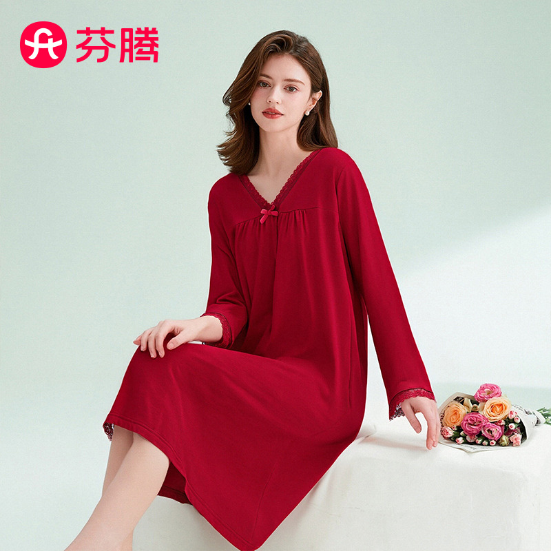 13020832.芬腾【新疆纯棉红品睡裙】性感蕾丝V领轻熟风柔软长袖睡裙连衣裙女家居服