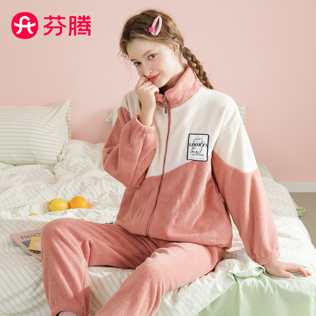 13055066.芬腾品牌专供【运动风防静电情侣】310g秋冬立领暖绒女士家居服睡衣套装女