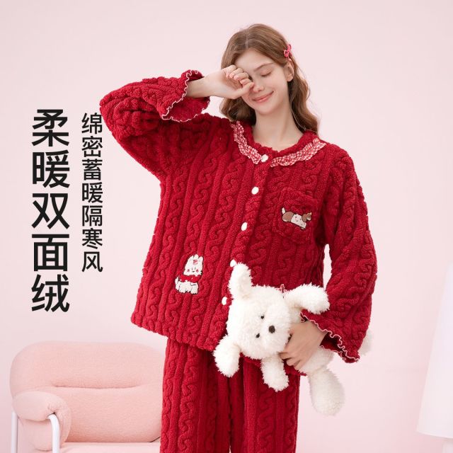 13057817.芬腾【双面暖绒红品】花边圆领麻花肌理萌犬少女感长袖家居服套装女睡衣