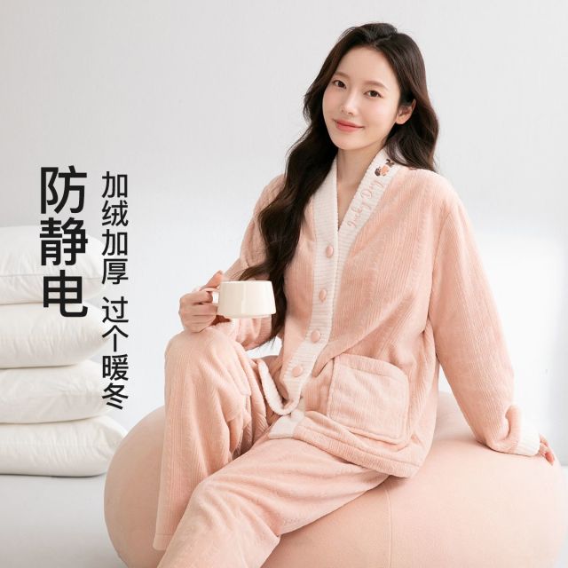 13058087.芬腾【防静电 加厚绒】保暖开衫少女士家居服睡衣套装女可外穿宽松