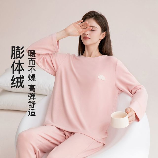 13812945.芬腾品牌专供【膨体绒】休闲运动圆领保暖女士家居服睡衣打底套装女外穿宽松