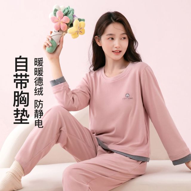 13812934.芬腾【自带胸垫防静电】温暖德绒圆领假两件韩系长袖家居服套装女睡衣