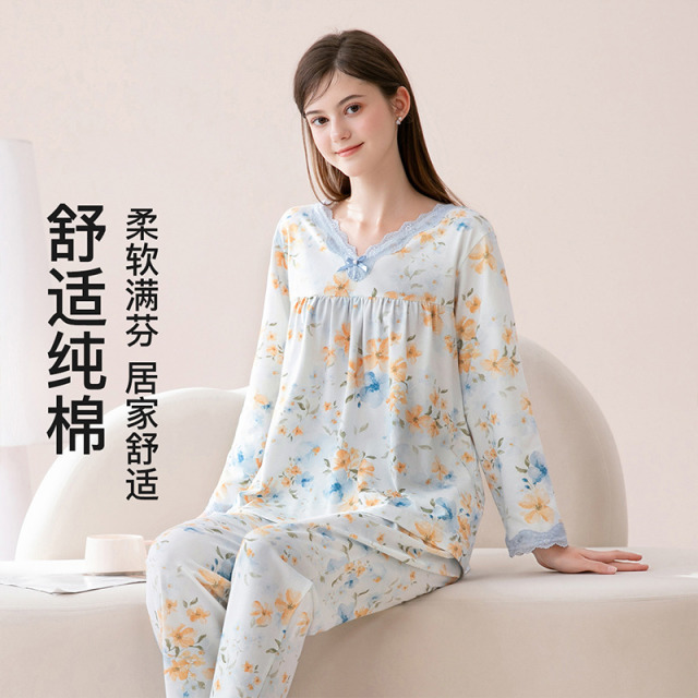 13130053.芬腾【100%纯棉】亲肤睡衣女士花卉V领长袖家居服女柔软套装外穿