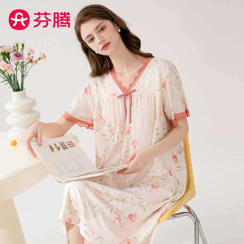 13187591.芬腾品牌专供【柔软新疆棉】夏季新品V领短袖外穿高级感睡裙新品中长裙