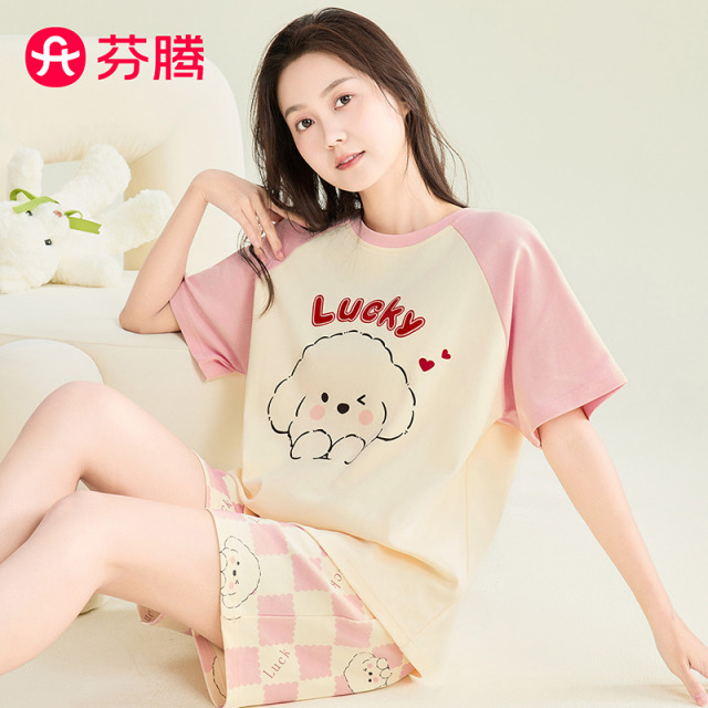 13187367.芬腾品牌专供【100%棉】圆领薄款短袖短裤家居服女夏格纹小狗睡衣女士套装