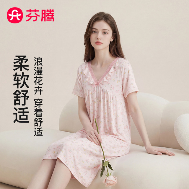 13231183.芬腾【100%新疆爽棉 田园花卉系列】亲肤花卉蕾丝V领长袖睡衣女士睡裙连衣裙