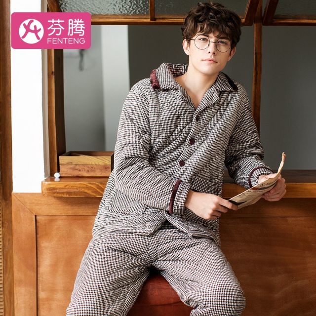 13296226.【特批清仓 售完无补】芬腾冬季格纹三层加厚夹棉保暖家居服内衣男士睡衣套装