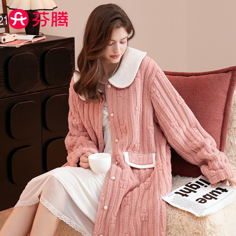 13295959.【特批清仓 售完无补】芬腾【小香风睡袍】睡衣女加绒加厚娃娃领竖纹提花女士开衫家居服