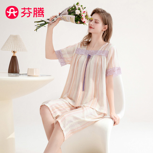 13296659.【特批清仓 售完无补】芬腾【超值清'仓】优雅方领蕾丝清爽体感宽松淑女士睡衣家居服套装女