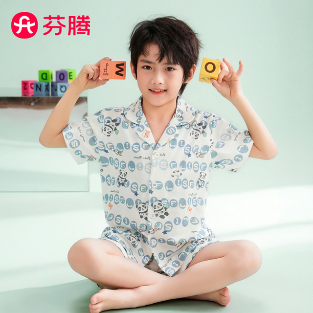 13296326.【特批清仓 售完无补】芬腾【100%纯棉】儿童夏季薄款睡衣男童卡通睡衣大童家居服套装
