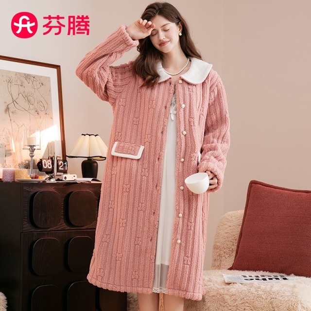 13295959.【特批清仓 售完无补】芬腾【小香风睡袍】睡衣女加绒加厚娃娃领竖纹提花女士开衫家居服