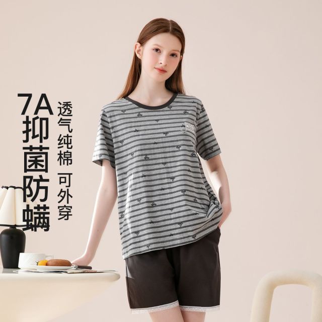 13361723.芬腾【100%纯棉7A yi菌】防螨撞色圆领条纹外穿短袖家居服女睡衣