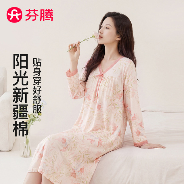 13352433.芬腾【100%新疆棉】亲肤柔软女士睡衣V领蕾丝睡裙花卉连衣裙裙装