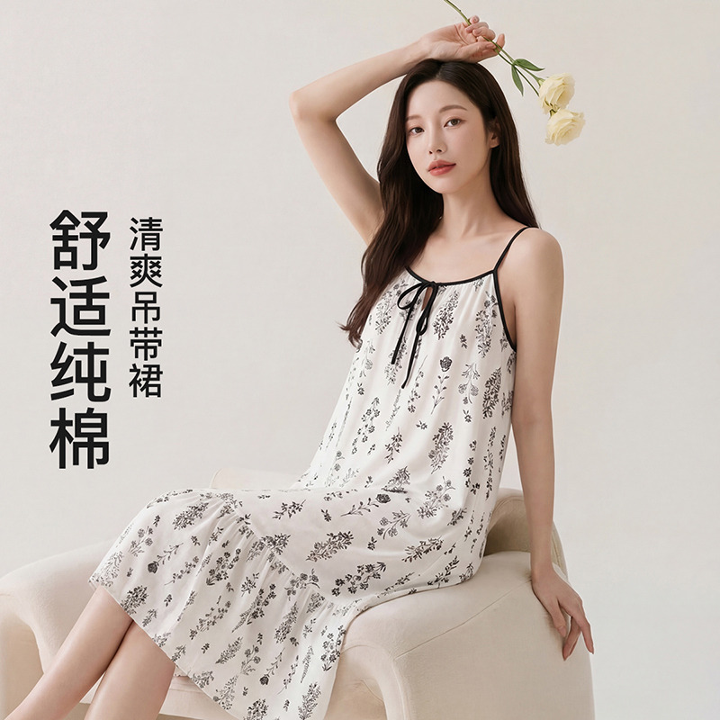 13355815.芬腾品牌专供【100%纯棉】26年春夏新款低领花卉清爽吊带睡裙女睡裙