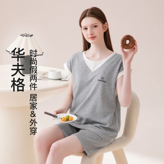13364444.芬腾【华夫格】假两件小飞袖少女士家居服睡衣套装可外穿运动风背心