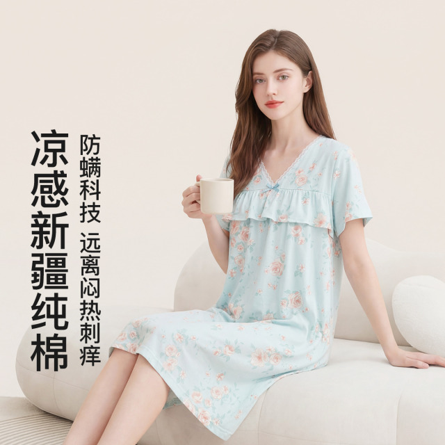 13364486.芬腾【100%纯棉 凉感防螨】蕾丝领女士棉家居裙睡裙女田园风外穿