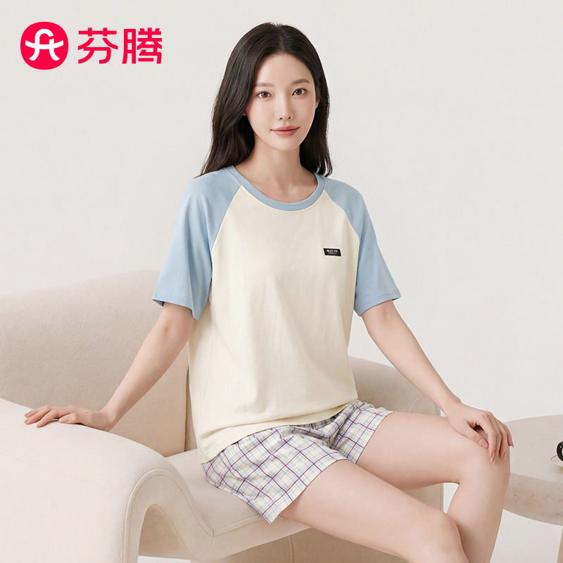 13362084.芬腾品牌专供【100%纯棉】26年春夏圆领短裤睡衣女士家居服套装休闲外穿