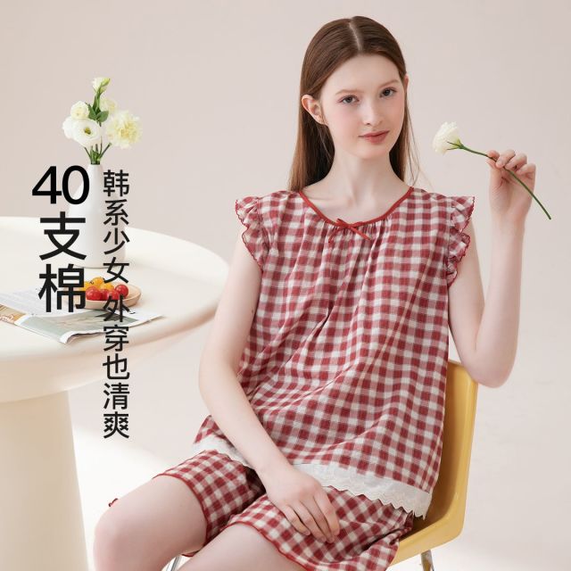13361560.芬腾【40支棉】梭织棉家居服女士睡衣套装韩系少女背心小飞袖可外穿