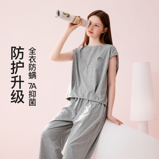 13361639.芬腾【7A yi菌 100%纯棉】全衣防螨无袖背心家居服女士睡衣套装