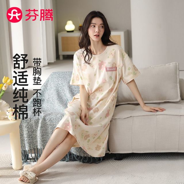 13414151.芬腾品牌专供【100%纯棉 带胸垫】26春夏新款圆领碎花短袖裙女睡裙