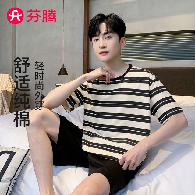 13414197.芬腾品牌专供【100%纯棉】26年春夏新款圆领条纹短袖家居服套装男睡衣
