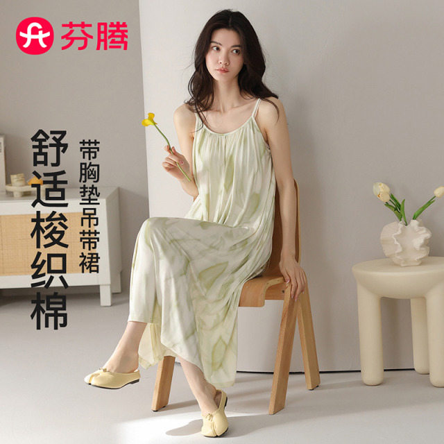 13414163.芬腾品牌专供【100%纯棉 带胸垫】梭织圆领度假风吊带裙女睡裙连衣裙