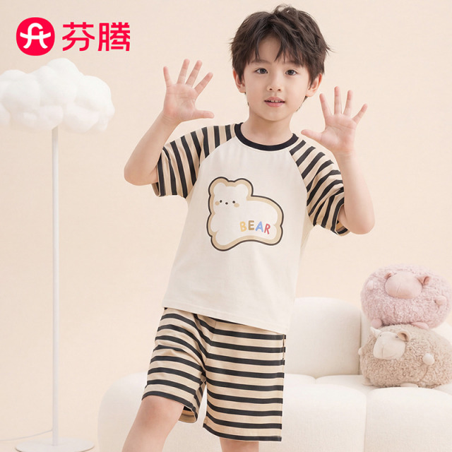 13436569.【溯源特批秒杀 售完无补}芬腾品牌专供【A类纯棉 10A yi菌】热销春夏新款短袖家居服套装男童睡衣