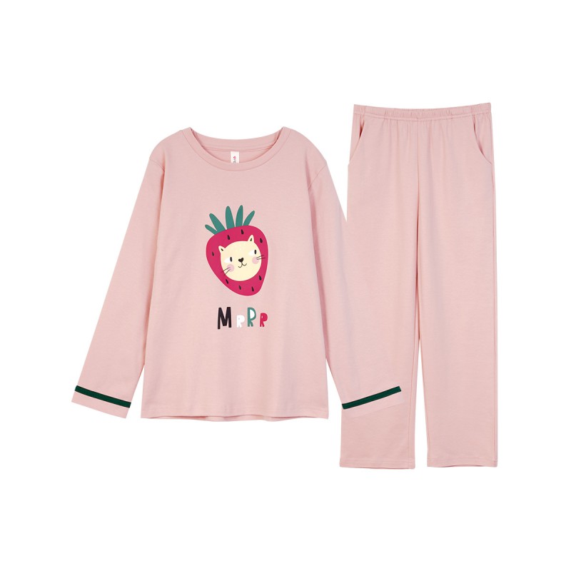 13437771.芬腾【纯棉萌宠款】春秋草莓猫咪长袖女童家居服女童睡衣套装