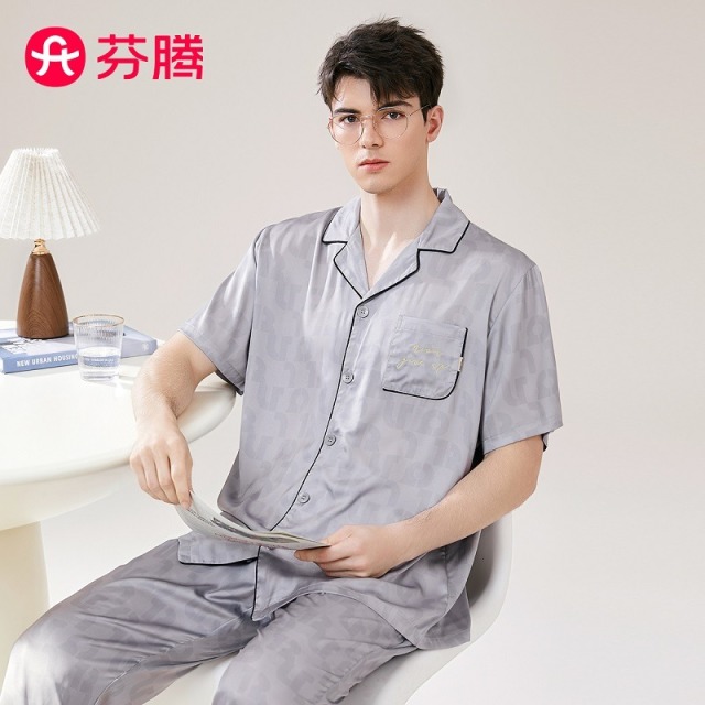 11737704.芬腾轻奢风【高级感冰丝】夏季新款翻领顺滑薄款短袖男士家居服套装睡衣