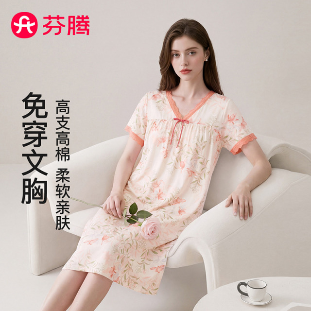 13813583.芬腾品牌专供【有自带胸垫和不带胸垫可选 40支新疆爽棉】26春夏女士睡裙连衣裙花卉短袖外穿田园碎花裙
