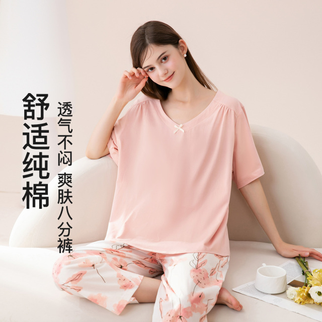 13541876.芬腾【100%纯棉】新疆棉家居服女士睡衣女套装爽肤八分裤清爽花卉
