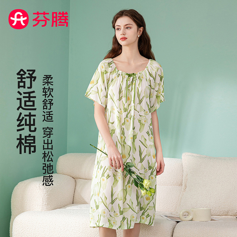 13551190.芬腾【100%纯棉】春夏新款低领花卉清爽短袖睡裙女睡衣连衣裙