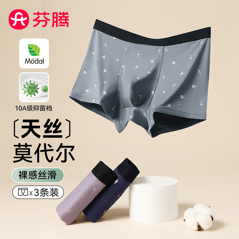 13687266.芬腾【天丝柔滑莫代尔】10A yi菌100%棉裆3条装亲肤平角裤男士内裤