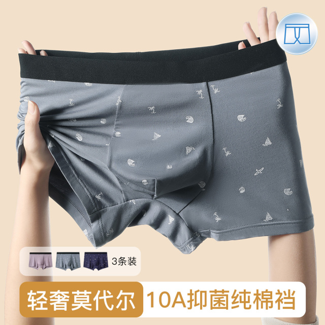 13687266.芬腾【天丝柔滑莫代尔】10A yi菌100%棉裆3条装亲肤平角裤男士内裤