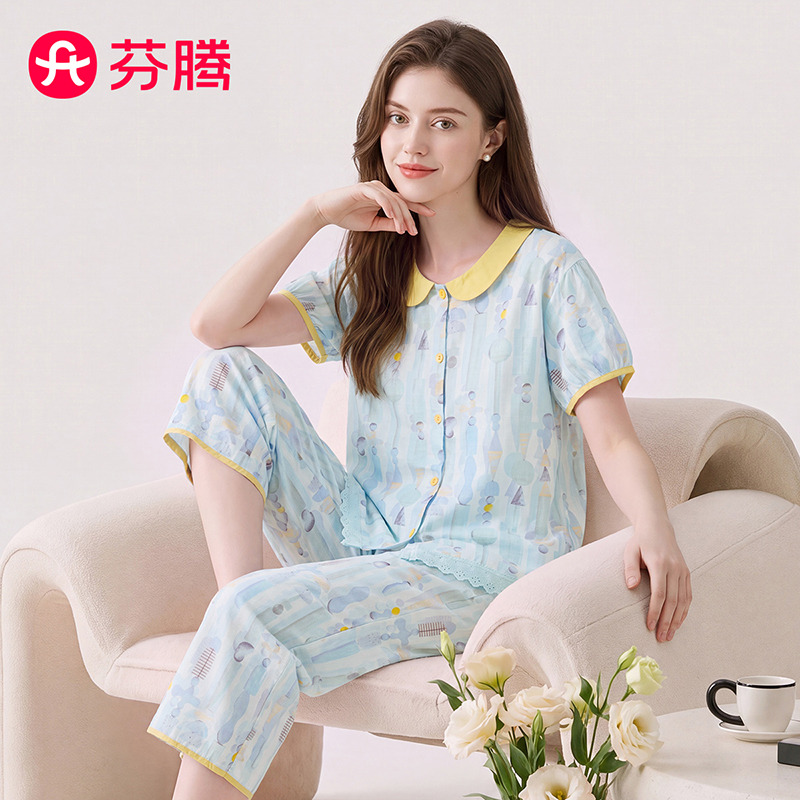 13344477.芬腾【透气梭织】复古娃娃领优雅蕾丝清新泡泡袖家居服套装女睡衣
