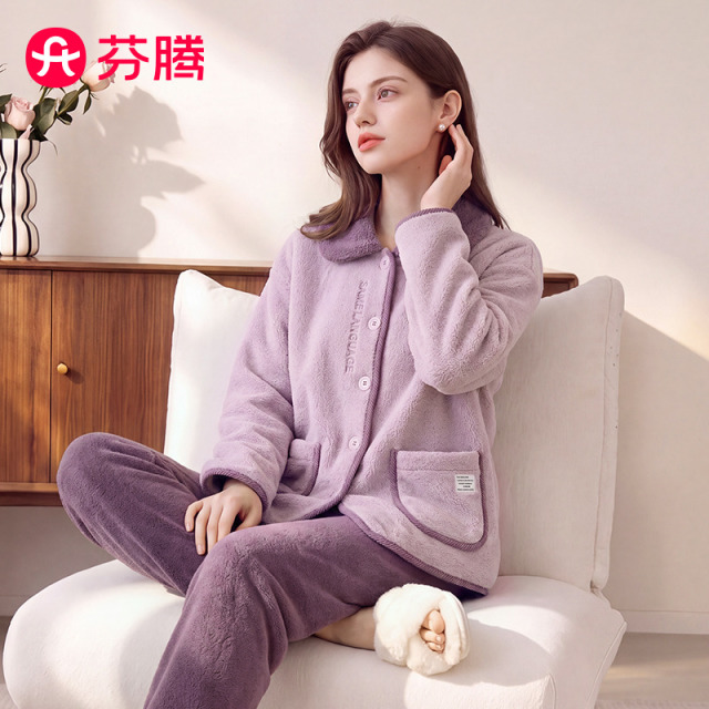 13184771.芬腾品牌专供【双面暖绒防静电】310g秋冬翻领长袖仿羊羔绒睡衣女家居服