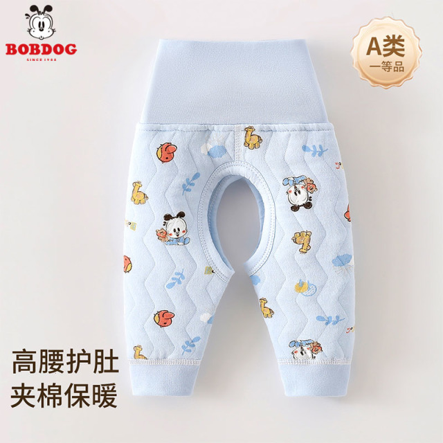 13818513.巴布豆新生婴儿保暖裤子秋冬季高腰护肚裤开裆夹棉秋裤加厚