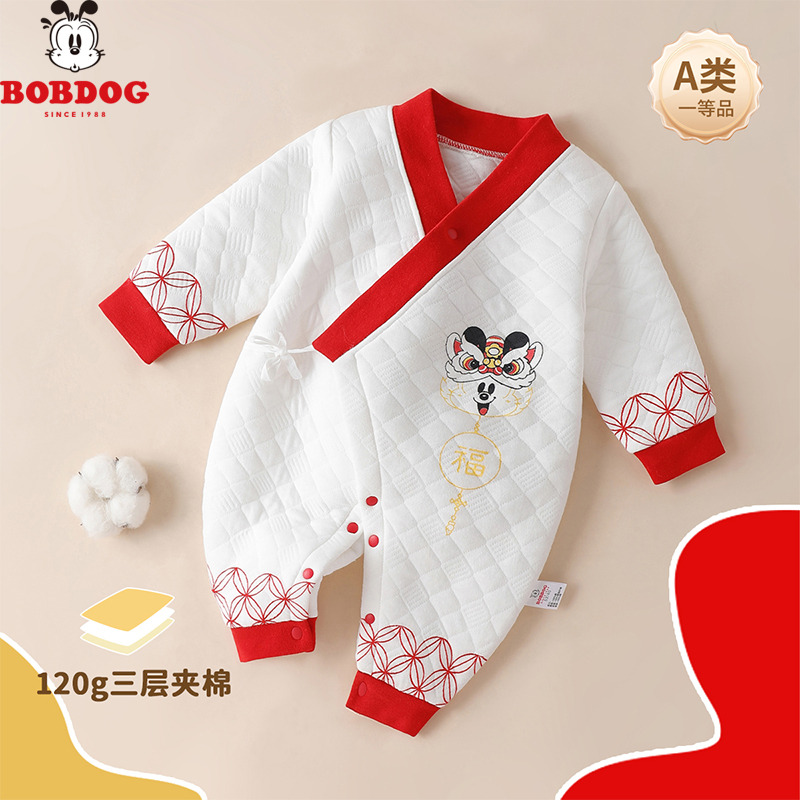 13667955.巴布豆【中国风】A类夹棉男女童亲肤连体四季长袖爬服新生儿哈衣