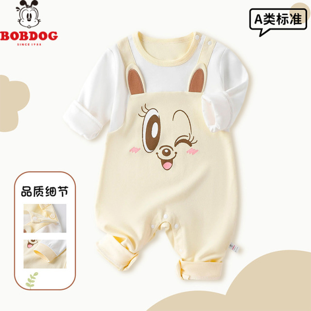 13667816.巴布豆【纯棉A类】女童假两件哈衣新生儿春秋婴幼儿长袖连体衣外穿宝宝打底睡衣